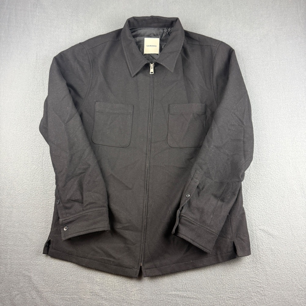 Sandro Bomber Jacket Men's L Black Wool Blend Lined Full Zip Luxury Minimalist